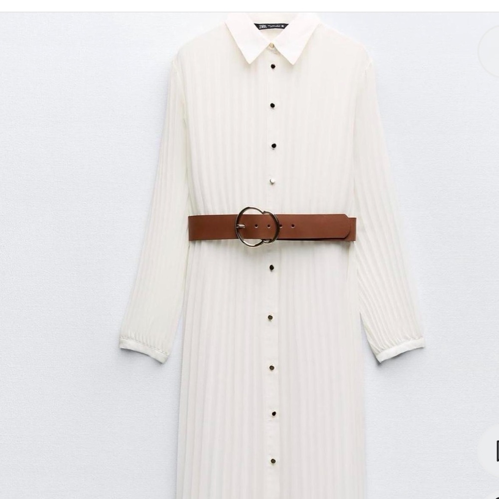 Zara White Pleated Midi Dress with Belt